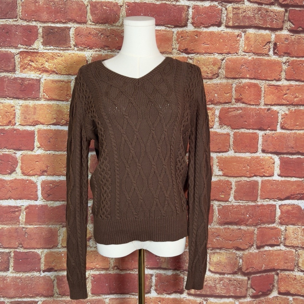 Preswick & Moore Petite V Neck Sweater Women's PM Brown Knitted Cable